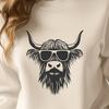 Rugged Highland Cattle Silhouette in Sunglasses A Highland cow standing on a grassy field, wearing trendy sunglasses on its head.