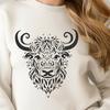 A close-up illustration of a Highland Cow's head with distinctive horns and coat patterns.