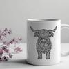 Rustic Highland Cattle Illustration for Craft Projects A detailed illustration of a Highland cow standing in a field, showcasing its distinctive coat pattern and horns.