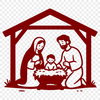 Illustration of the Holy Family in a serene Christmas setting, often associated with the holiday season.