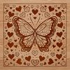 A colorful butterfly with love hearts surrounding its wings, suitable for a gardening or nature-inspired design.