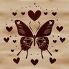 A colorful butterfly with love hearts on its wings, perfect for garden-themed designs and crafts.