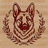 A detailed illustration of a German Shepherd's head with ornate floral patterns surrounding its features.