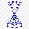 A tall, even-toed ungulate animal with a distinctive coat pattern, depicted reading from a book in a savannah setting.
