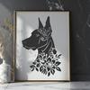 Ornate Floral Canine Portrait Vector Art A high-quality digital illustration of a Doberman Pinscher's head with ornate floral patterns and design elements.