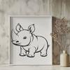 A colorful illustration of a rhino in a safari environment.