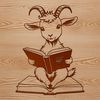 Goat Reading A smiling farm animal, a goat, sitting on the ground reading a book.