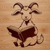 Goat sitting next to an open book, illustrating a farm animal reading.