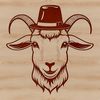 A vector illustration of a goat wearing a hat on a rural farm landscape.