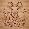 Goat Silhouette on Hillside with Blooms A realistic illustration of a goat standing on a hillside amidst a field of flowers.