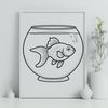 A small gold-colored fish swimming in a transparent water circle.