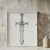 Dark Magic Symbolism A gothic witch holds a dagger in front of a dark background, surrounded by mystical symbols.