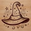 Enchanted Female Figure with Magic Symbols A woman dressed in ornate witch attire, complete with a pointed hat and intricate details, surrounded by symbols of magic.