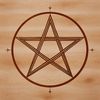 A witch standing in a dark forest surrounded by candles, surrounded by a pentagram.