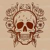 Witchcraft Illustration with Floral Patterns and Skull Motif A dark, ornate illustration of witchcraft symbols, featuring intricate floral patterns and a central skull motif.
