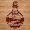 A depiction of a witch's potion bottle with mystical symbols, surrounded by a gothic atmosphere.