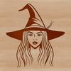 A gothic-inspired vector design featuring a close-up of a witch's face with intricate details and ornate patterns.