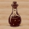 A mystical illustration of a witch's potion-making station with various magical ingredients.