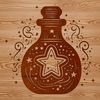 Ornate illustration of a witch's potion bottle and magical ingredients, set against a dark gothic background.