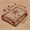 Illustrated concept of witchcraft with a spell book, symbolizing magic and mysticism.