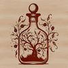 Magical Witchcraft Symbolism Design A detailed illustration of a witch's potion bottle and various magical symbols on an ornate background.