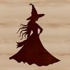 Witch silhouette against a dark background, surrounded by mystical symbols and elements.
