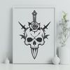 Dagger Adorned Skull Illustration A stylized illustration of a skull adorned with a dagger and a rose, suitable for Halloween decorations.