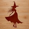 A gothic silhouette of a witch in mid-spell, surrounded by mystical symbols.