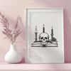 Gothic Skull Candle Illusion A dark, intricately detailed skull illustration with a single candle flame lit inside the empty socket.
