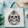 Intricate Rose Wreath Skeleton A stylized Gothic skull with intricate details and a floral wreath featuring a rose, suitable for vector design projects.
