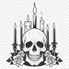 Gothic Skull with Candle Flame Illustration Gothic-inspired skull design with intricate details and a single candle flame burning beside it.