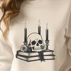 Dark Gothic Skull Illustration with Candle A stylized illustration of a skull with a candle beside it, set against a dark background, featuring ornate details.