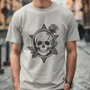 Vintage Rose Adorned Skull Design A stylized illustration of a Gothic-style skull adorned with a floral motif.