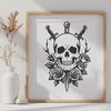 Rose Adorned Skull Vector Art A stylized illustration of a skull decorated with a rose, suitable for various design projects.