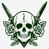Gothic Skull Design with Dagger Ornament A stylized Gothic-style skull with ornate details and a dagger integrated into its design.