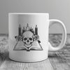 SVG Clip Art of a Beautiful Skull Scene A detailed SVG illustration of a Gothic-style skull surrounded by candlelight, with a book lying open at its feet.