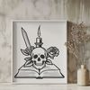 Gothic Dagger Skull Art A stylized skull with a dagger lodged in its forehead, surrounded by a candle and an open book.