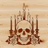 Spooky Skull Design with Autumn Accents A stylized skull design surrounded by elements reminiscent of Halloween.