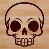 A simple line drawing illustration of witchcraft symbols including a skull surrounded by mystical elements.