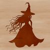 A gothic silhouette of a witch practicing magic with a spellbook.