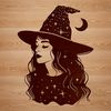 Magical Witch Head Illustration A detailed illustration of a witch's head adorned with magical symbols and elements.