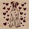 A large breed dog, sitting proudly with love hearts surrounding it.
