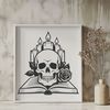 Gothic Skull Clip Art with Rose A medieval-style skull with a rose tucked behind its ear, surrounded by shadows.
