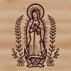 Ornate illustration of the Virgin Mary in a floral-adorned setting.
