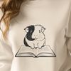 Cartoon Guinea Pig in a Library Setting A cartoon guinea pig sitting on a book, surrounded by a garden or library setting.