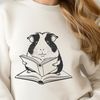 A cute guinea pig sitting on a book, surrounded by library elements.