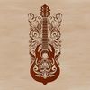 Ornate Guitar Design for Vector Art A detailed illustration of a guitar with intricate designs, suitable for vector art and cutting machine projects.