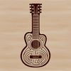 A detailed, ornate illustration of a musical instrument with strings.