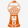 A 2D illustration of a classic gumball machine with colorful details and a transparent background.