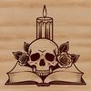 Beautiful Vintage Skull Silhouette A gothic skull design featuring a candle-lit interior with a book and rose placed beside it.